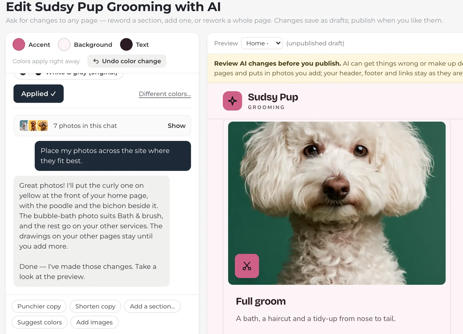 The AI editor after Auto-place: the AI says where it put the owner's seven dog photos, and the preview shows one on the Full groom service in place of a drawing.