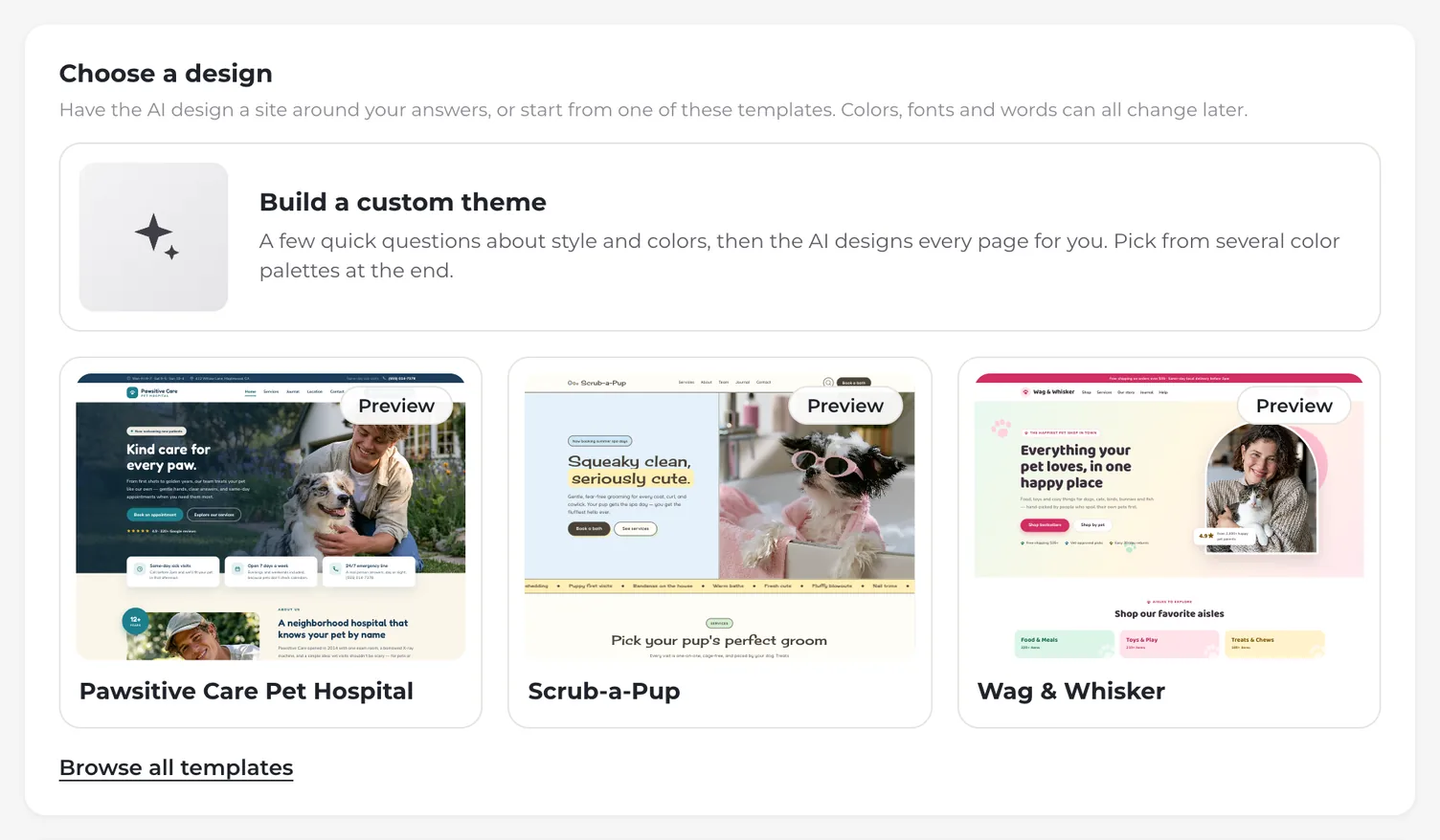 The Choose a design step for a new dog-grooming site: Build a custom theme, above three templates picked for the business and a link to browse them all.