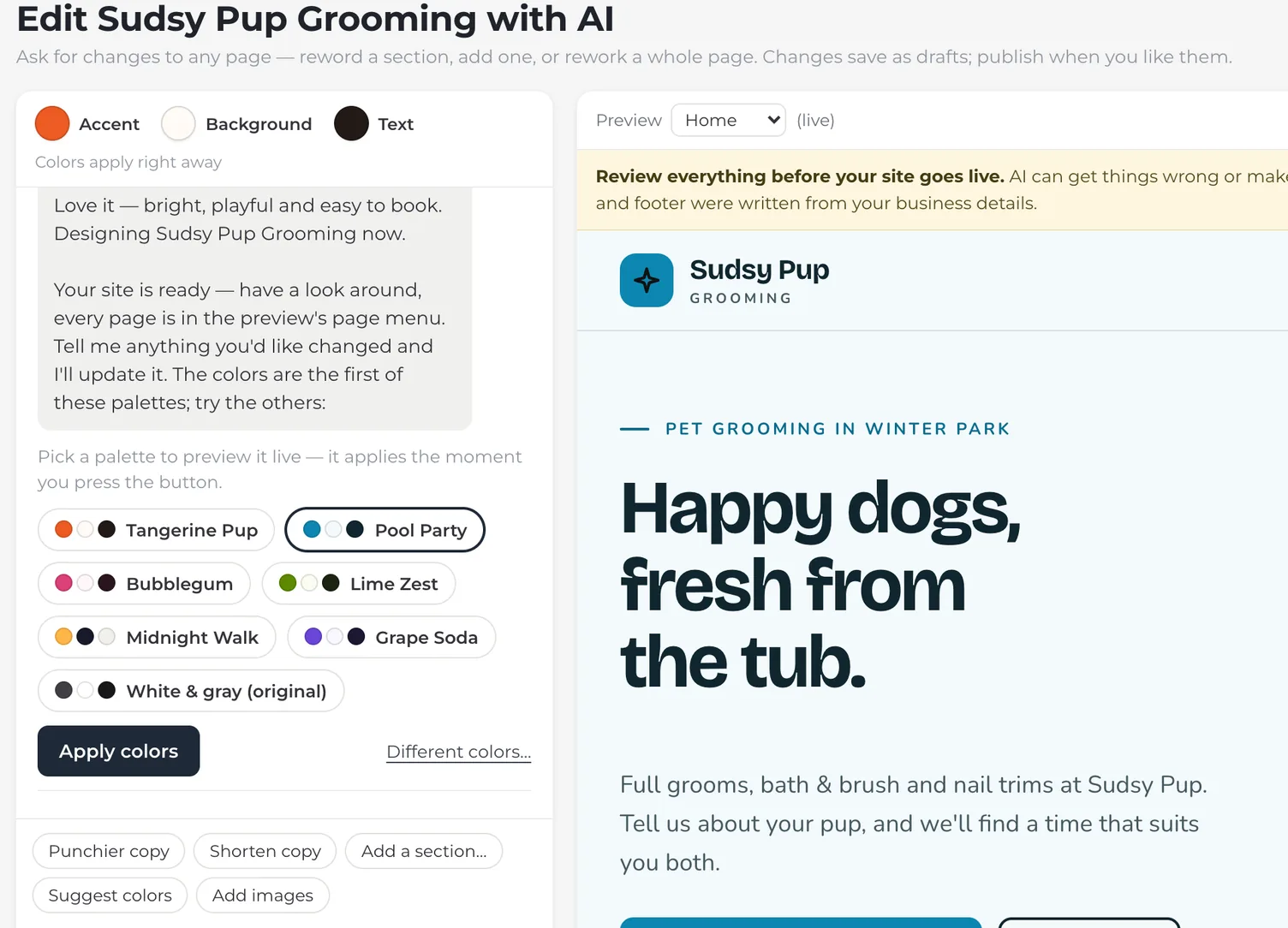 The AI editor after a custom build: six palettes the AI suggested for a dog groomer, with Pool Party previewing in blue across the site, beside Apply colors and Different colors.