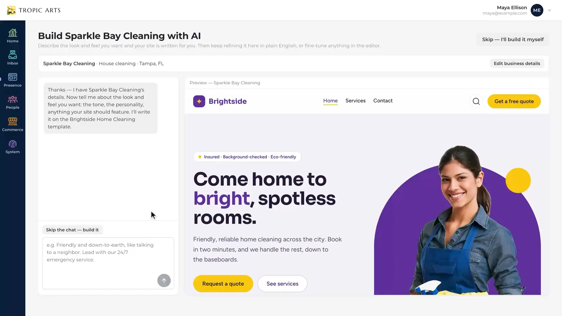 The AI website builder: the assistant asks Sparkle Bay Cleaning about the look and feel it wants, beside a live preview of the site on the Brightside template.