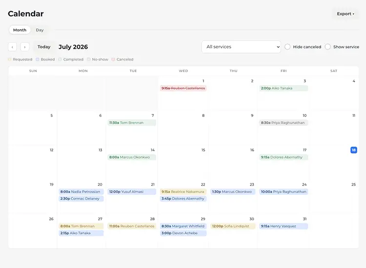 A month calendar of appointments, each one color-coded by status, with filters for service and for hiding canceled visits.