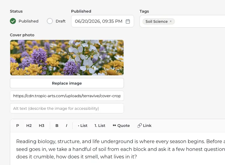 The blog post editor, with published status, publish date, tags, a cover photo, and a rich-text toolbar above the post body.