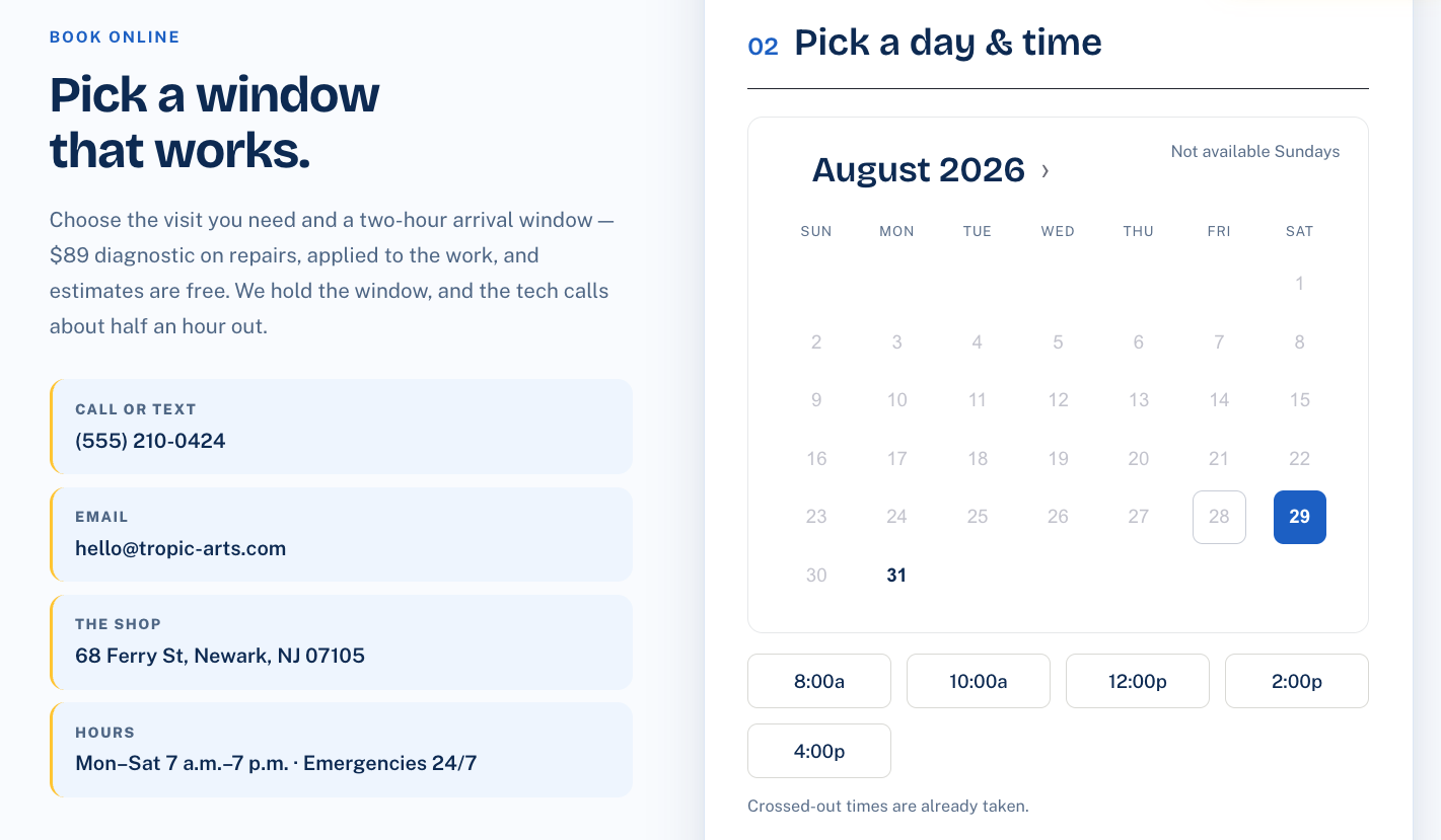 A booking form on a storefront — the shop's contact details beside a month calendar of available days and the open times for the day picked.