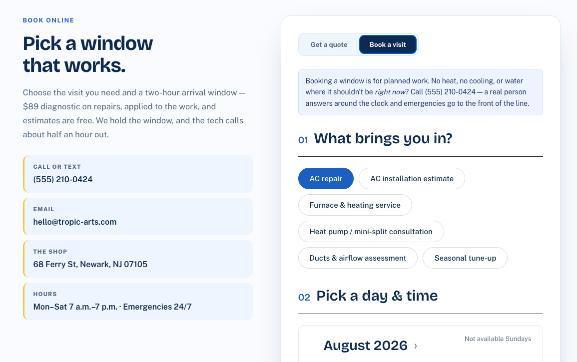 A heating and cooling company's booking page: the shop's phone, email, address and hours beside a form that asks what brings you in, with AC repair picked, then a calendar for choosing a day and time.