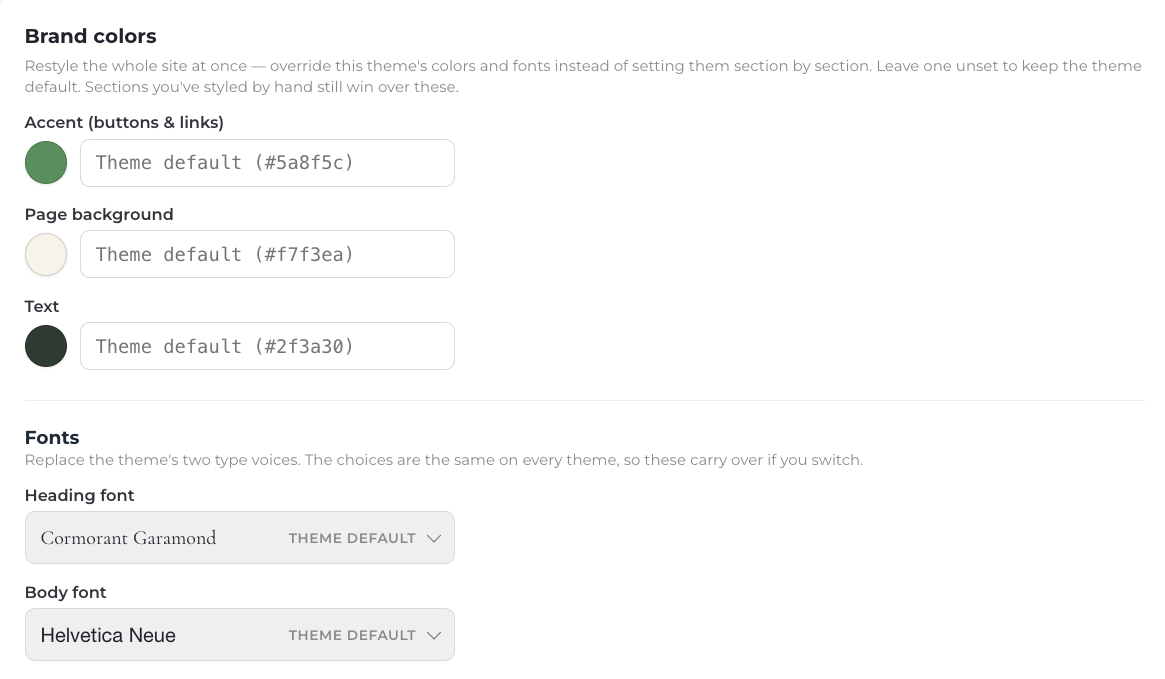 The brand settings panel, with accent, page background, and text swatches set above the theme's heading and body font pickers.