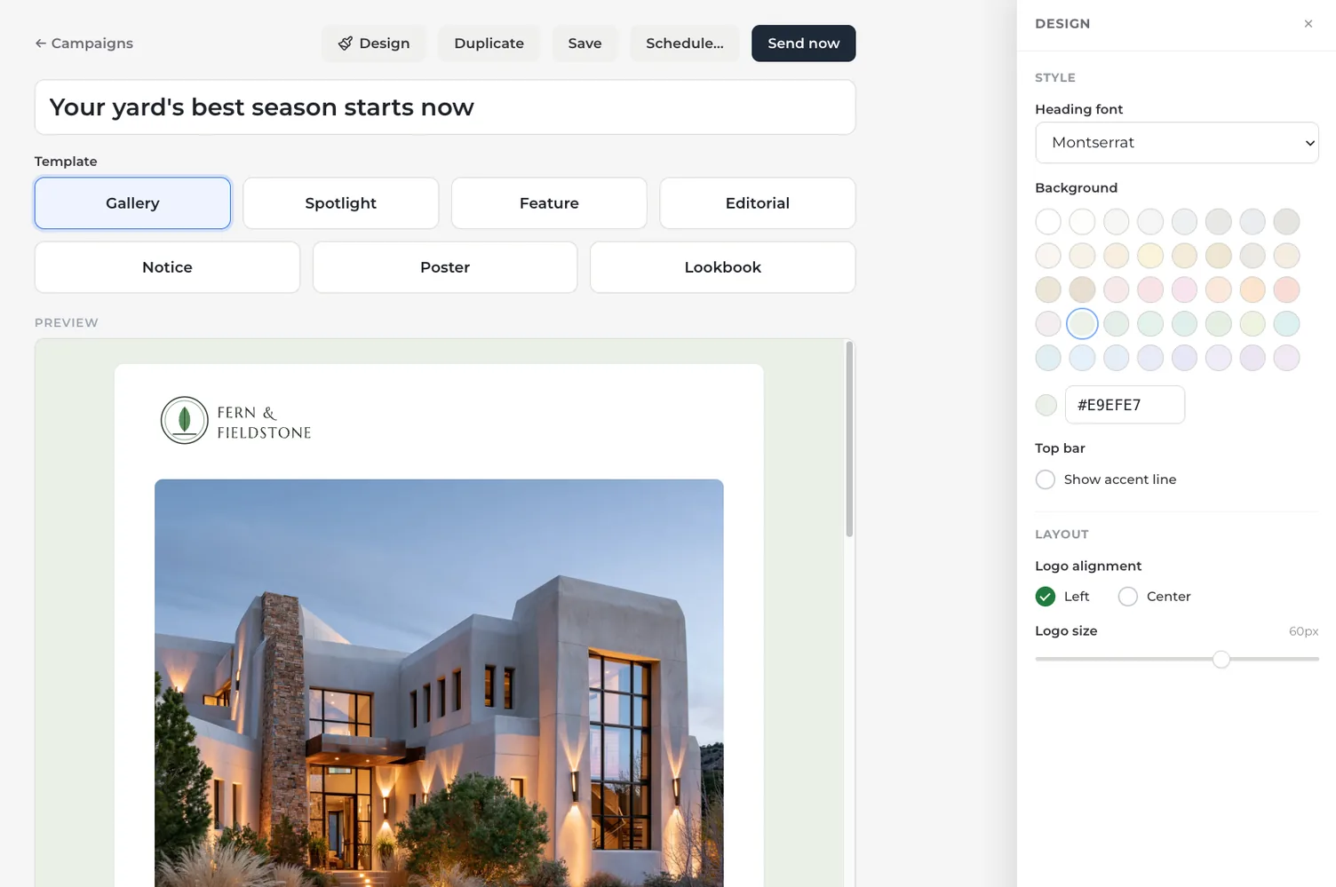 The email campaign composer: a subject line, the template choices with Gallery picked, and a preview of a landscaping company's email, beside the design panel's font and background color settings.
