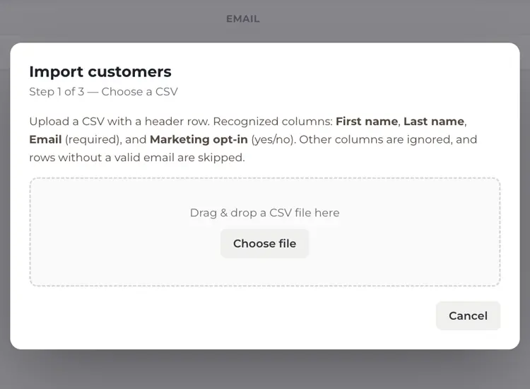 The customer import dialog, asking for a CSV with first name, last name, email, and marketing opt-in columns.