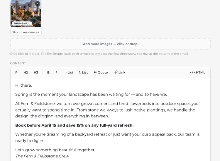 The campaign composer, with drag-to-reorder image tiles above the same rich-text editor used for posts.