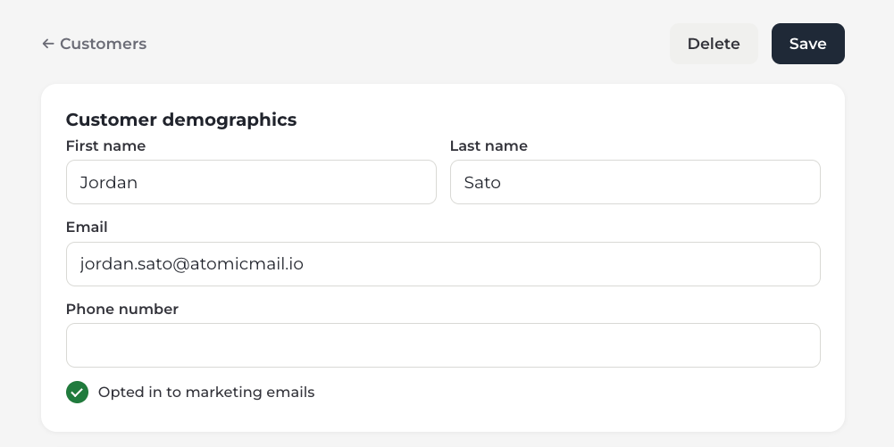 A contact created automatically from a booking, with the name, email, and marketing opt-in already filled in.