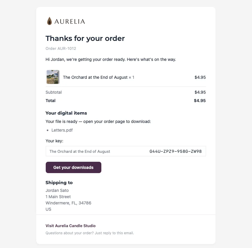 The order confirmation email from a candle studio, headed “Thanks for your order” over order AUR-1012, with the book it sold listed at $4.95 and then a “Your digital items” section reading “Your file is ready — open your order page to download: Letters.pdf”, the buyer’s license key boxed beneath it, and a dark “Get your downloads” button rather than a link straight to the file.