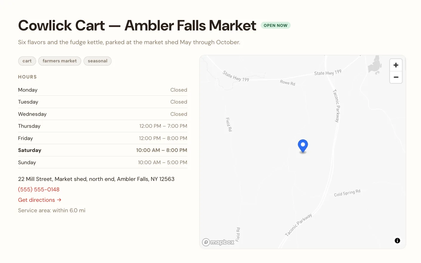 A single location's own page: its name and an open-now badge over a one-line description and tags, a full week of business hours with today's row picked out, then the address, phone and a get-directions link, beside a map zoomed to its pin.