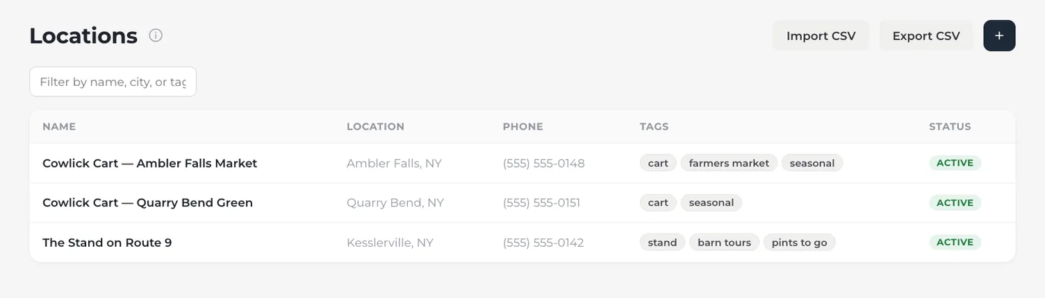 The admin Locations list, with Import CSV and Export CSV buttons above a filter box and three locations in a table — name, city, phone, tags and an active status for each.