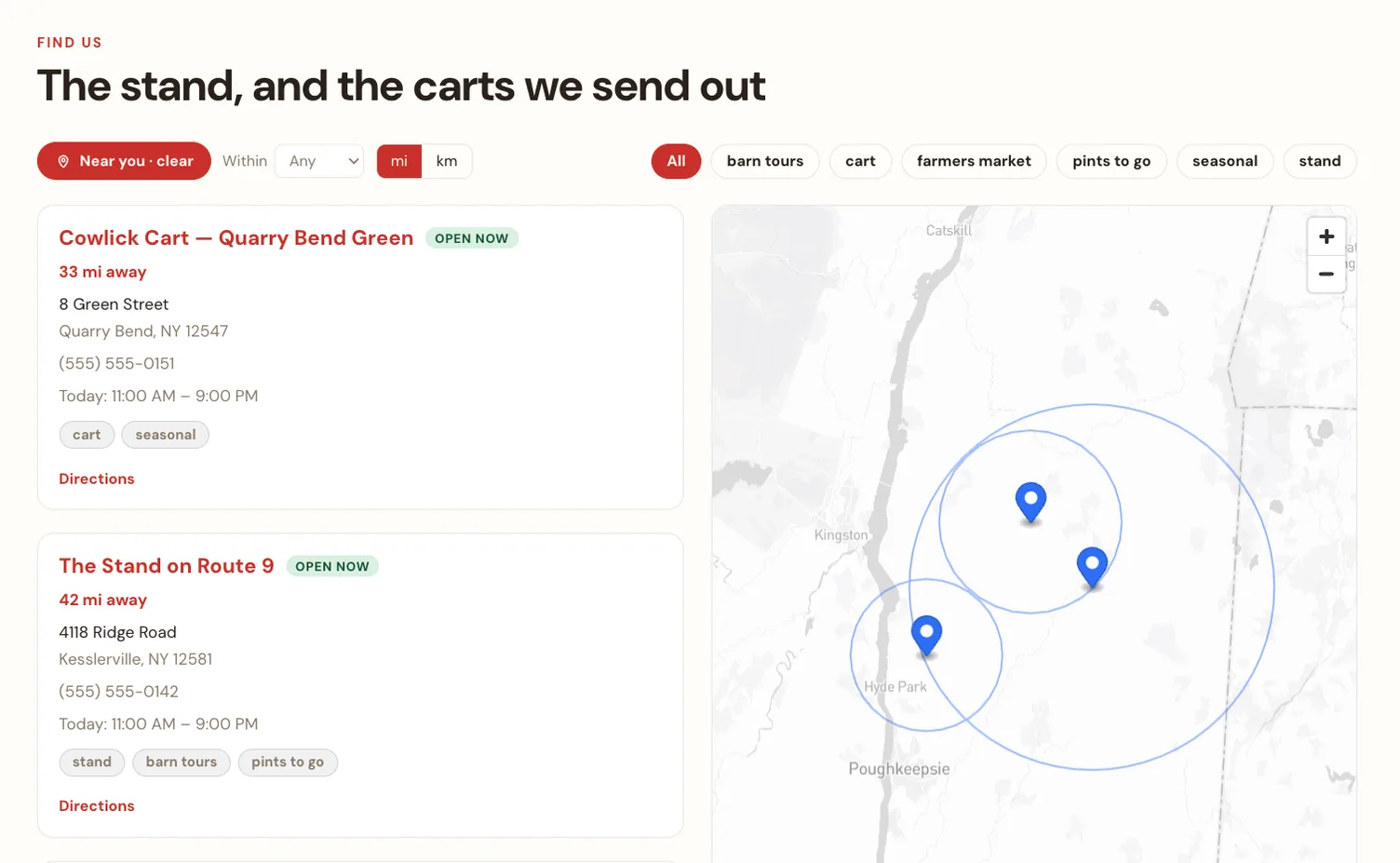 The same locations page with near-you sorting switched on and a distance limit beside it, so every card now leads with how far away it is — 33 miles, then 42 — and the map draws a radius around each pin.