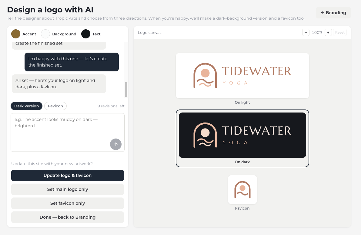 The finished set on the canvas — the Tidewater Yoga mark on light, the same mark on a dark card, and a square favicon — beside buttons offering to update the site’s logo and favicon together, set just one of them, or go back to Branding.