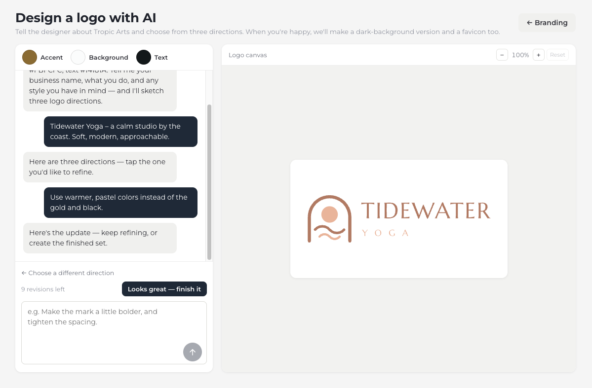 A logo being refined by conversation: the owner has asked for “warmer, pastel colors instead of the gold and black”, the designer has replied with an update, and the chosen arch emblem now sits on the canvas in soft terracotta above a box for the next request, a count of nine revisions left, and a Looks great — finish it button.