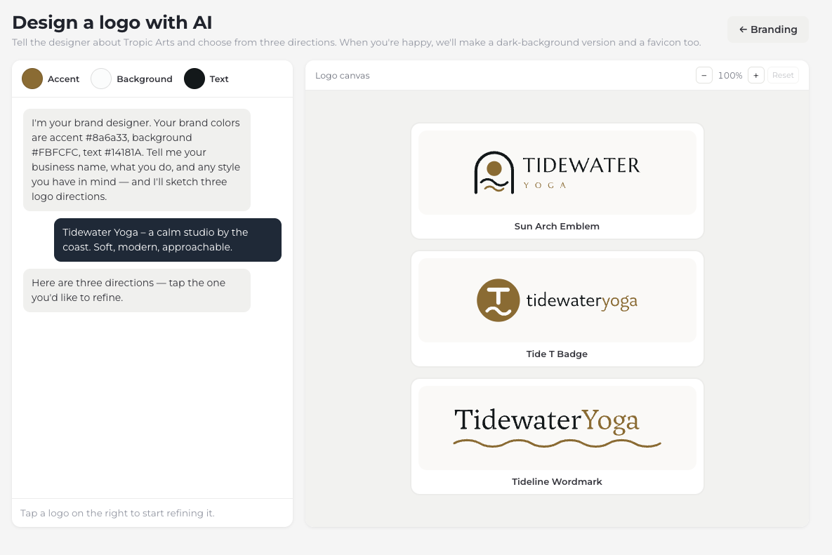 Three finished logo directions for Tidewater Yoga stacked on the canvas — Sun Arch Emblem, Tide T Badge and Tideline Wordmark — beside the chat that offered them, which reads “Here are three directions — tap the one you’d like to refine.”