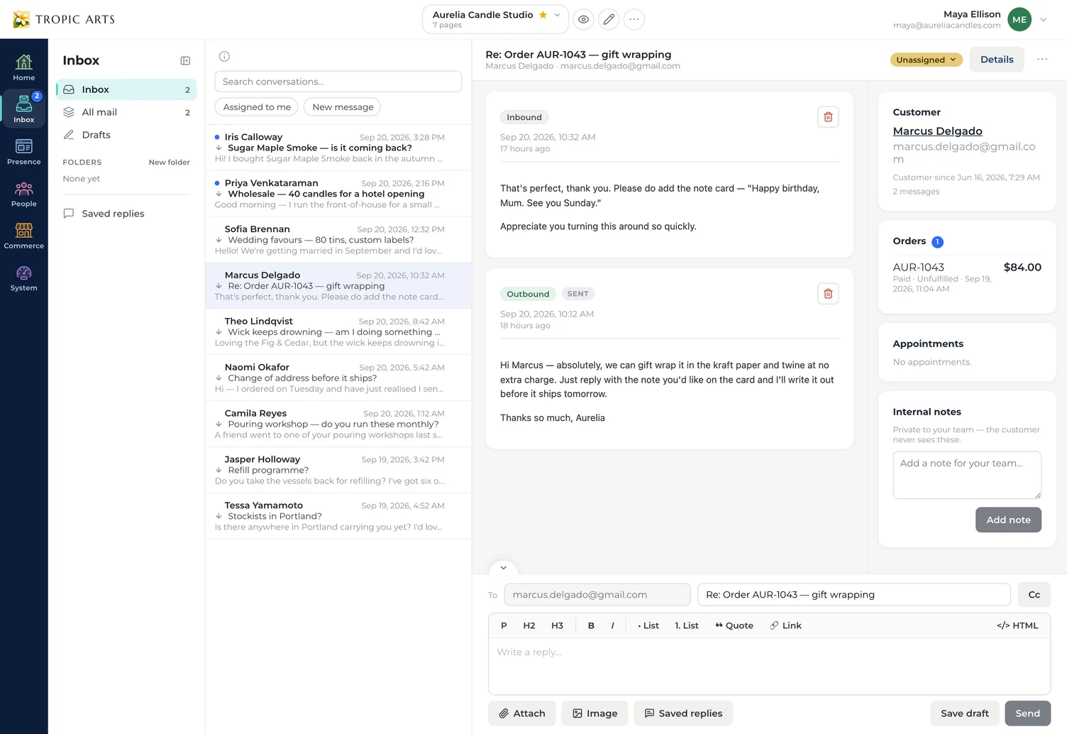 A candle studio’s mailbox inside the console: the side menu lists Inbox, All mail, Drafts, folders and saved replies beside a column of customer email threads — a scent restock, a wholesale inquiry, wedding favors — and the open conversation, where a customer’s note about gift wrapping sits above the studio’s sent reply and an empty reply box, while a details column shows that customer and their $84.00 order, paid and not yet shipped.
