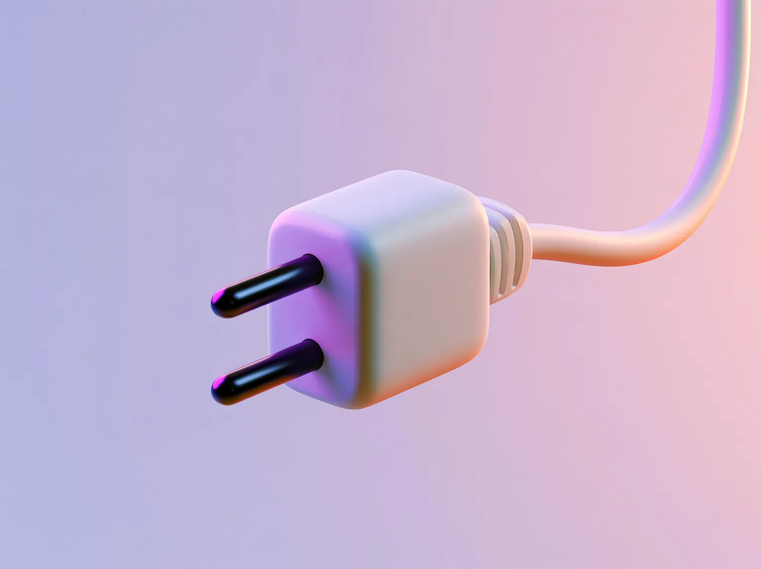 A two-prong plug molded in soft white and lilac, its black prongs facing the viewer and a pale cable curving away behind it, floating against a pink and violet gradient.