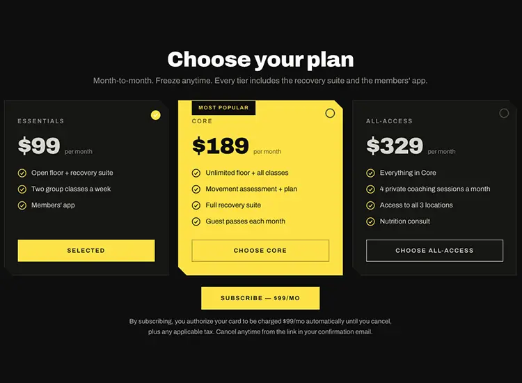 A membership plan on a storefront with three monthly tiers, one marked most popular, and a subscribe button below.