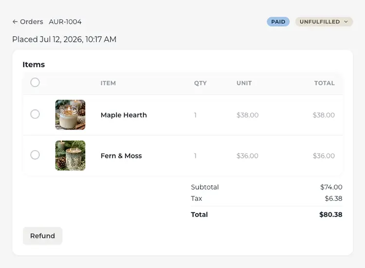 An order in the dashboard marked paid and unfulfilled: two candles with their prices, then the subtotal, tax and total, and a Refund button.