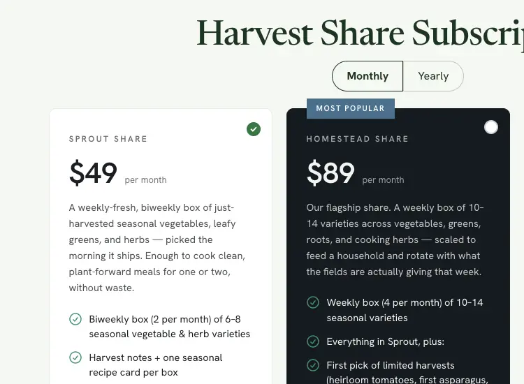A storefront subscription block with a monthly and yearly toggle above two plan tiers, each showing its price and what's included.