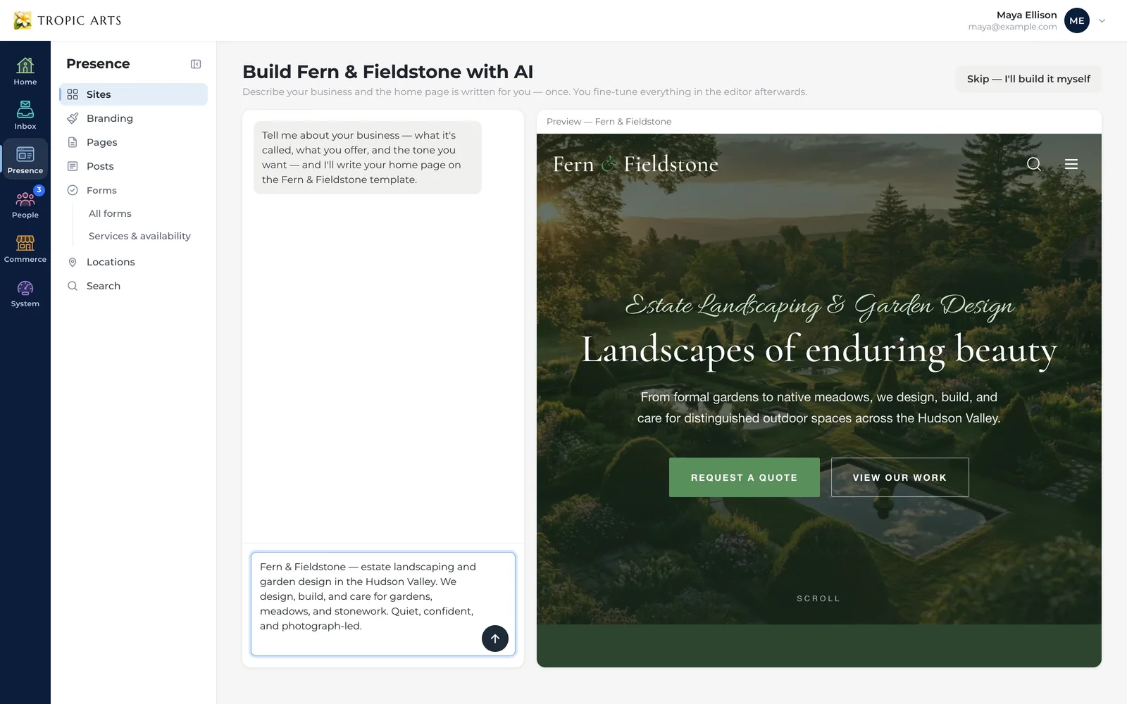 The Tropic Arts AI website builder: the assistant asks about the business, a description of Fern & Fieldstone is typed in, and a live preview of the landscaping template sits alongside
