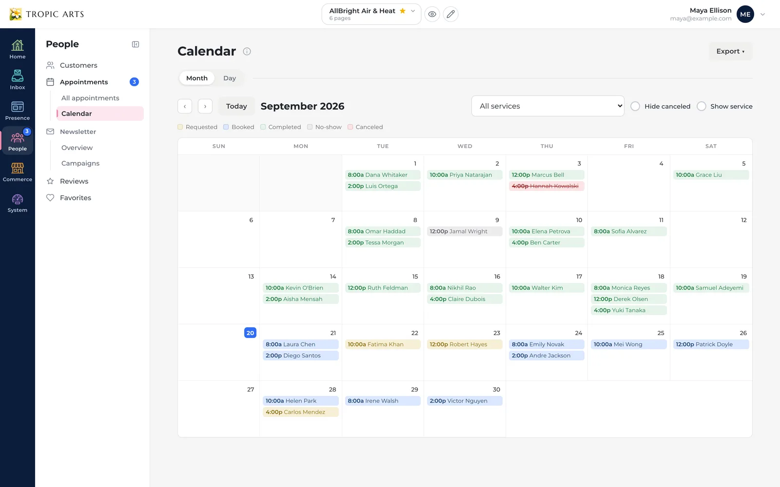 The Tropic Arts appointments calendar for AllBright Air & Heat, a month of service visits color-coded as requested, booked, completed, no-show, or canceled