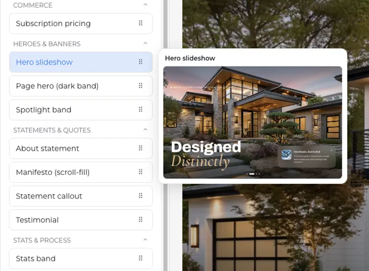 The section library open in the editor, blocks grouped into categories with a preview of the hero slideshow alongside.