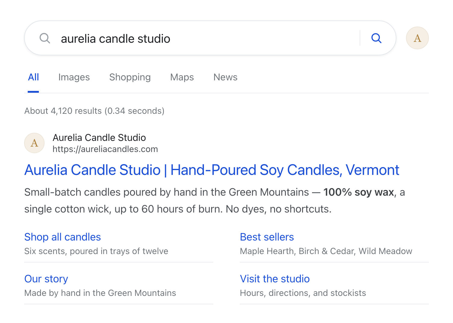A search results page for “aurelia candle studio”, where the shop’s own listing carries a blue headline reading Aurelia Candle Studio | Hand-Poured Soy Candles, Vermont above its web address and a two-line description of small-batch candles poured in the Green Mountains, with four sitelinks beneath it — Shop all candles, Best sellers, Our story and Visit the studio — each with its own line of detail.