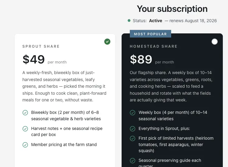 The customer's own subscription page, showing an active status with the next renewal date and the plans they can switch between.