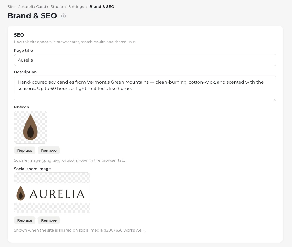 The Brand & SEO settings panel for a site, where a page title and a description of the shop sit above two image slots — a favicon holding a brown flame mark, and a social share image holding the AURELIA wordmark — each with Replace and Remove buttons and a note underneath on the size to use.