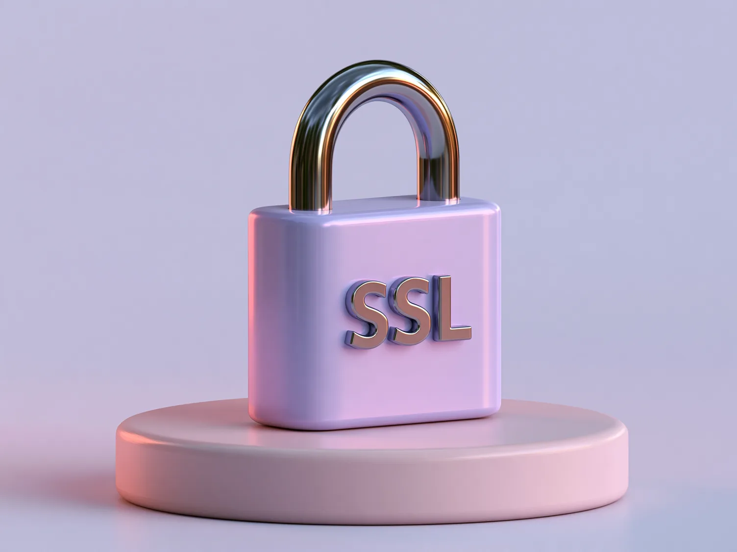 A closed padlock modeled in pale pink and lilac, standing on a low round pedestal, its shackle and the raised letters SSL across its face picked out in polished gold.