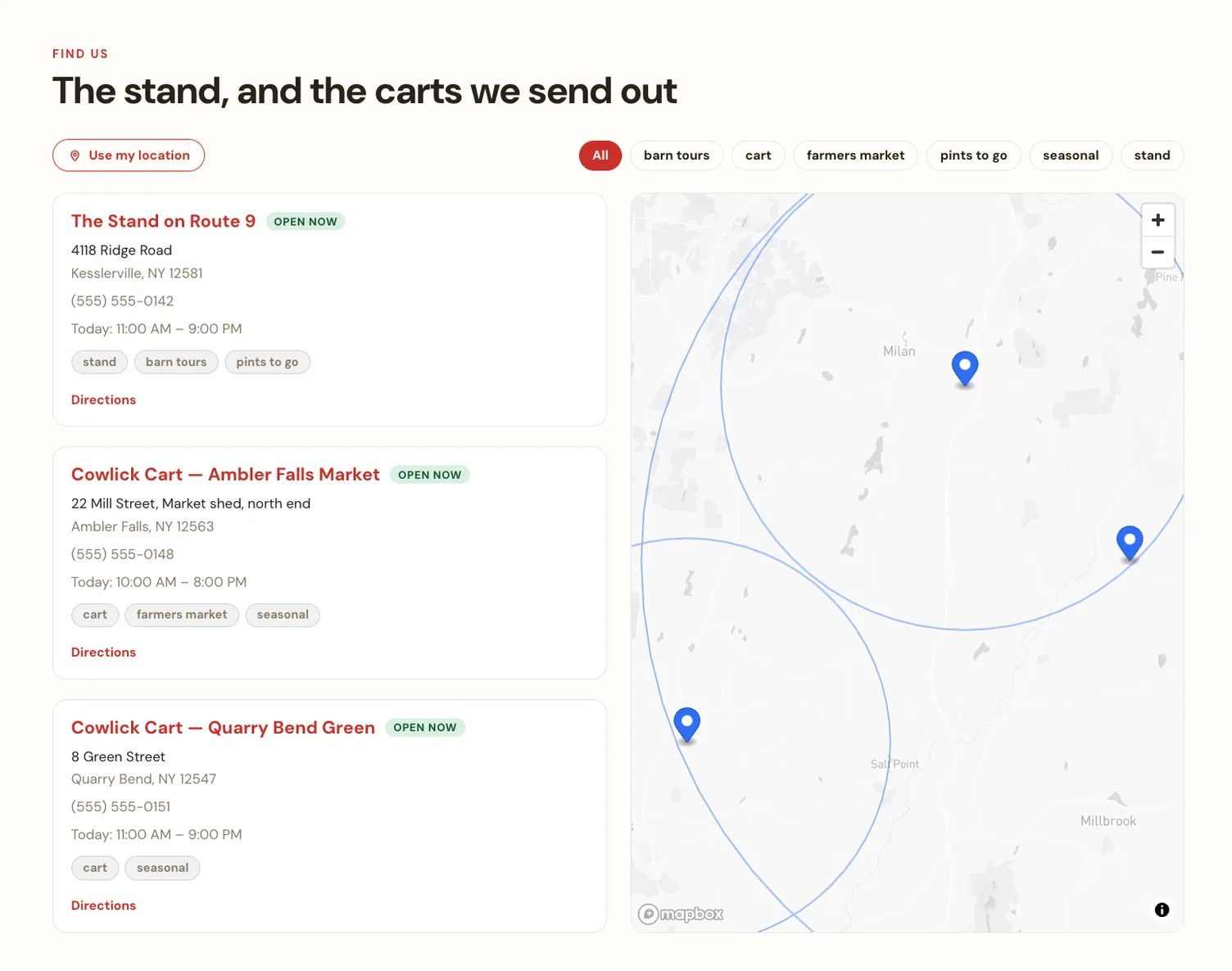 A storefront locations page headed Find us — a use-my-location button and tag filters above three location cards, each carrying its address, today's hours, tags and a directions link, beside a map pinning all three inside their service areas.