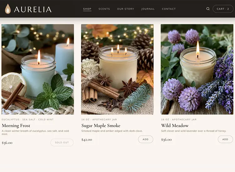 A candle studio's product grid in its own type and colors: three candles with a short description and a price each, one marked sold out and two with an Add button.