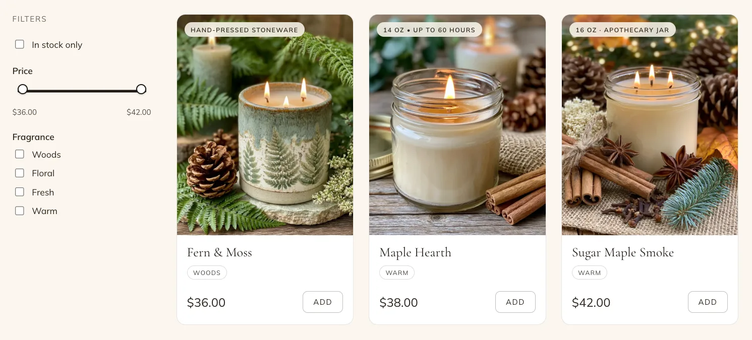 A candle shop's storefront with filters for stock, price and fragrance beside three candles, Fern & Moss, Maple Hearth and Sugar Maple Smoke, each with its price and an Add button.