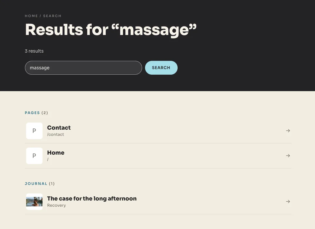 A storefront search results page for the word massage, the query still sitting in the search box above three results — two pages, Contact and Home, and one journal post with its thumbnail and category.