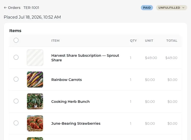 An order created by a subscription box renewal, marked paid and unfulfilled, listing the plan alongside each product in the box.